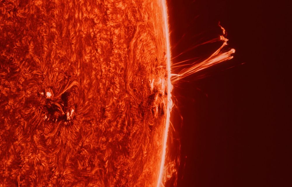 La gran taca AR3664 vista al límit del disc solar amb algunes protuberàncies - Crèdit: Sebastian Voltmer