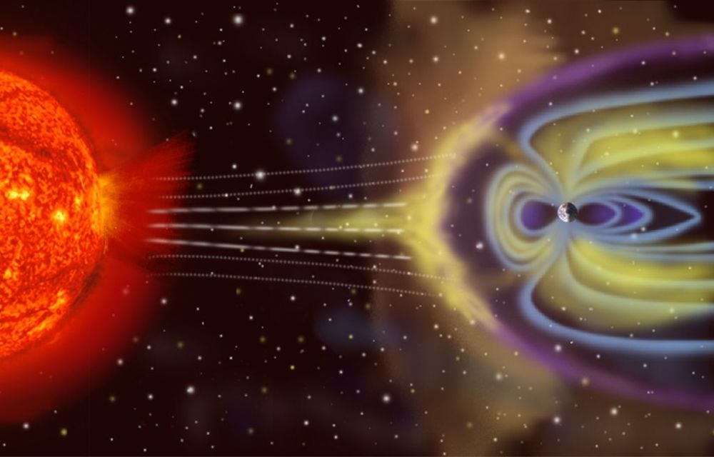 Vista artistica de la interacció de les ejeccions de massa coronal solar amb la magnetosfera terrestre (no està a escala) - Crèdit: NASA