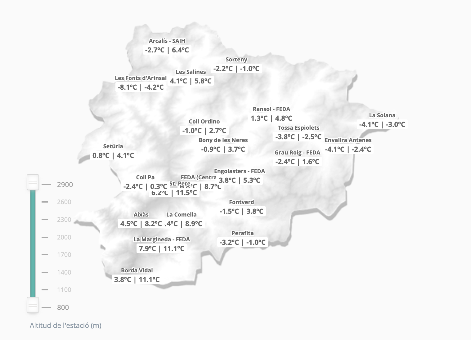 Mapa de temperatures màximes i mínimies // Servei Meteorològic d'Andorra