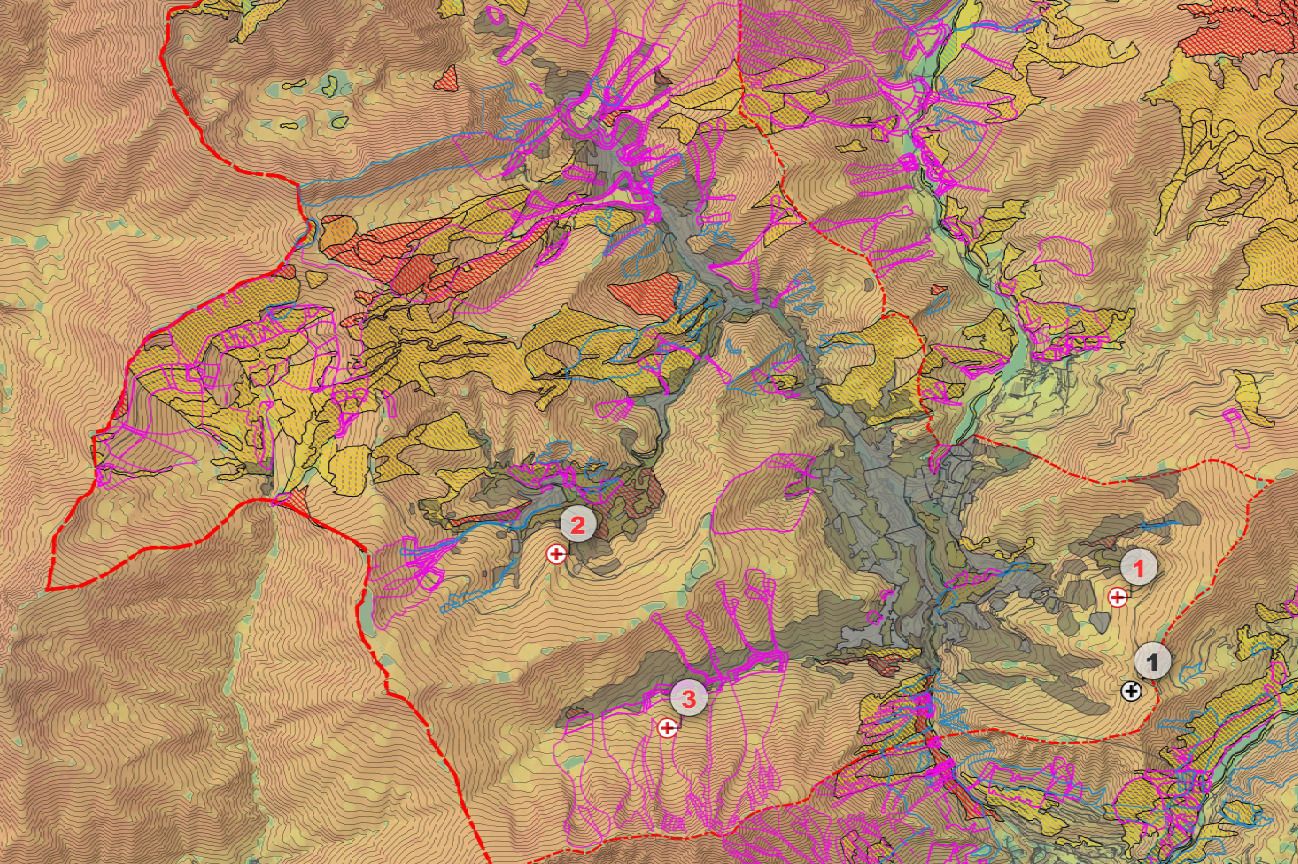 Mapa de les possibles ubicacions dels abocadors, amb l'antic de Beixalís marcat en negre.