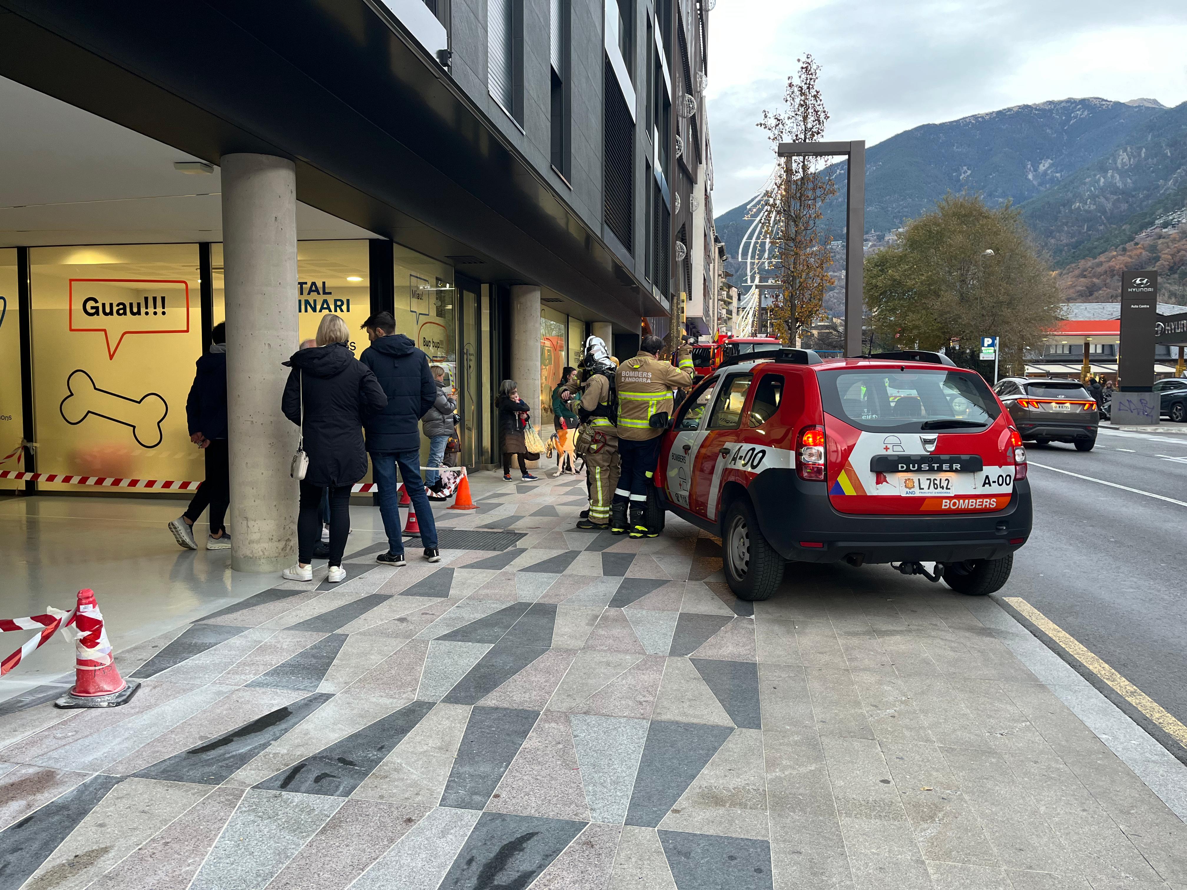 Efectius del cos d'extinció a la porta de l'edifici.