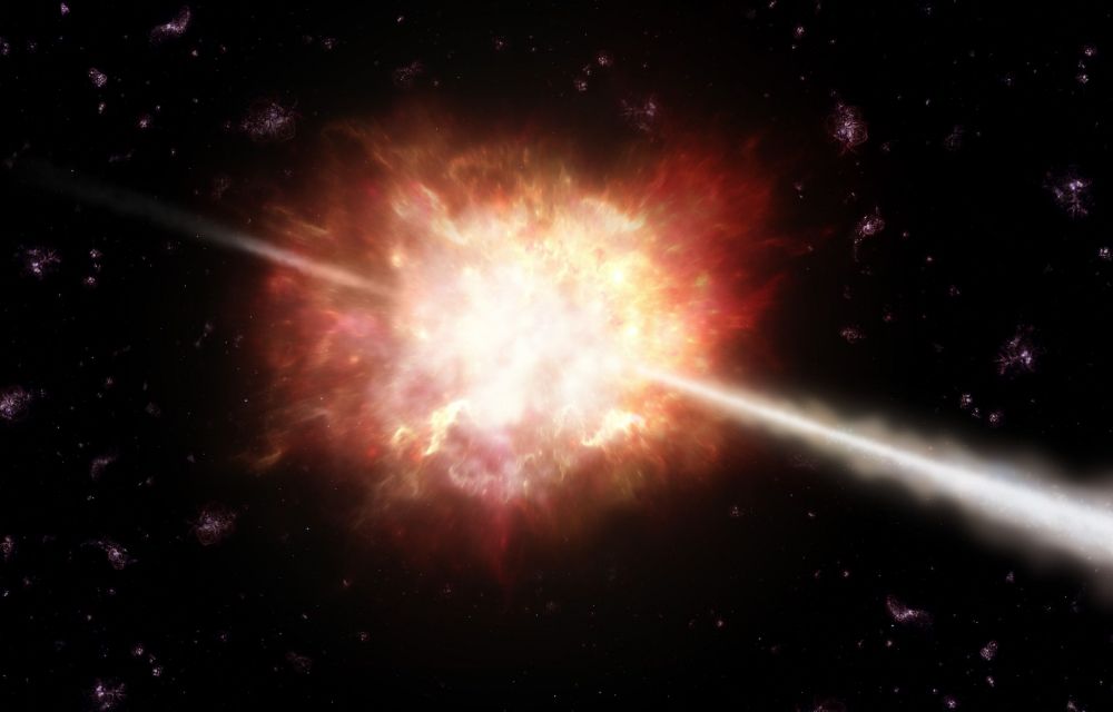Una visió artistica d'un Gamma-Ray Burst amb el jet de fotons gamma passant a través de la carcassa de material romanent dels estels morts on s'hauria de forjar or i altres elements pesats- Crèdit: ESO/A. Roquette Una visió artistica d'un Gamma-Ray Burst amb el jet de fotons gamma passant a través de la carcassa de material romanent dels estels morts on s'hauria de forjar or i altres elements pesats- Crèdit: ESO/A. Roquette